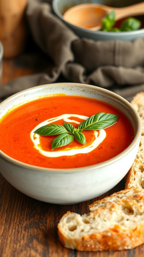 A bowl of roasted tomato basil soup garnished with basil and cream, served with bread on a wooden table.